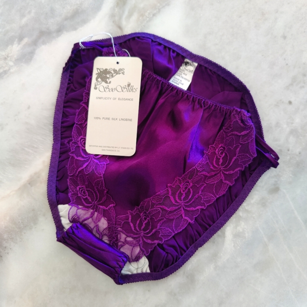 NWT Silk Panties with Floral Lace Trim | Vintage Satin Briefs- Purple